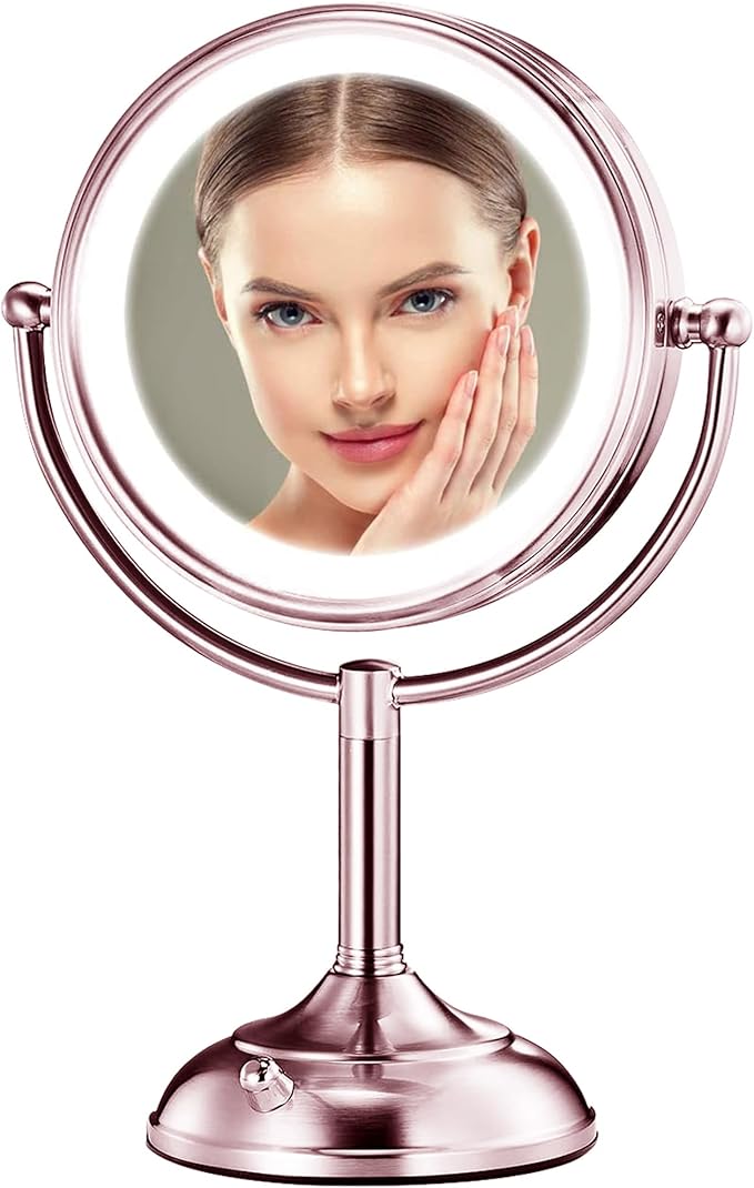VESAUR Lighted Makeup Mirror Rose Gold Nickel, Double Sided 1X/10X HD Undistorted Magnifying Mirror, 8.5" Vanity Mirror with 3 Colors Dimmable 90 Bright LEDs, 360°Swivel Two Power Supply, Luxury Gifts