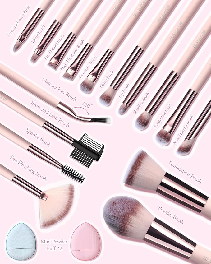 Makeup Brushes with Case, 20PCs Travel Makeup Brush Set, Foundation Concealer Blush Eyeshadow Brush Set Contour Powder Eyebrow Eyelash Brush Kit with Led Light Mirror Holder & 2 Powder Puff-Pink