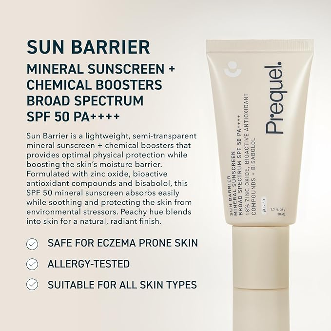 Prequel Skin Sun Barrier Mineral Sunscreen SPF 50. PA++++ Broad Spectrum Zinc Oxide Sunblock with Semi-Transparent Lightweight Texture. Moisturizing UV Defense for Face. Travel Size, 1.7oz