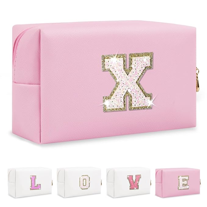 Small Personalized Initial A-Z Patch Makeup Bag,Pink Cute PU Leather Glitter Letter Cosmetic Bag for Teen Girls,Travel Toiletry Bag with Zipper,Preppy Monogrammed Birthday Gift for Daughter Niece X
