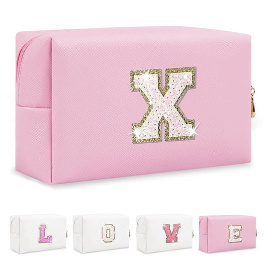 Small Personalized Initial A-Z Patch Makeup Bag,Pink Cute PU Leather Glitter Letter Cosmetic Bag for Teen Girls,Travel Toiletry Bag with Zipper,Preppy Monogrammed Birthday Gift for Daughter Niece X