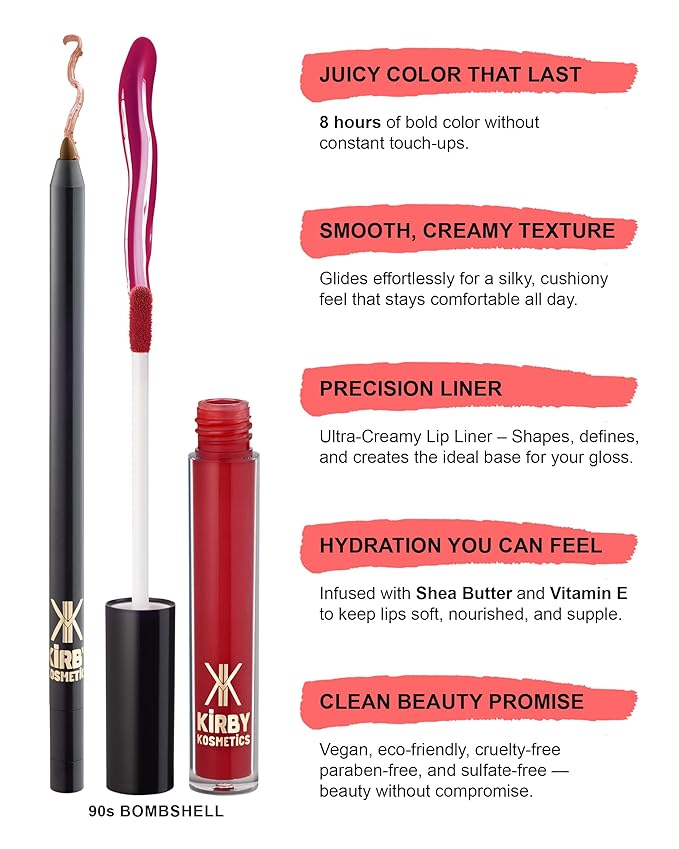 Lip Kit Duo – 90s Bombshell - TikTok-Viral Precision Liner & Glossy Liquid Lipstick, Clean 2-Step Set with Hydrating Long-Wear Color – Bold Inclusive Beauty for Everyday Konfidence