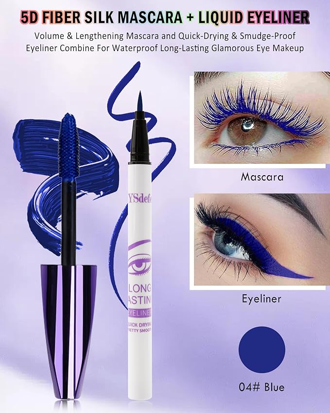 Blue Mascara Liquid Eyeliner Set,5D Waterproof Silk Fiber Colored Mascara Volume and Length,Longlasting Smudgeproof Color Eye Liner Pen,Mother's Day Colorful Eye Makeup Gift Kit for Women Girl-04