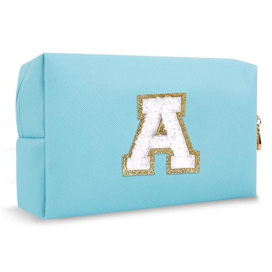 Small Personalized Initial A-Z Preppy Patch Makeup Bag,PU Chenille Letter Travel Cosmetic Pouch with Zipper,Blue Cute Toiletry Bag,Gift Ideal for Teen Girls Women Teacher Bridesmaid,Letter A