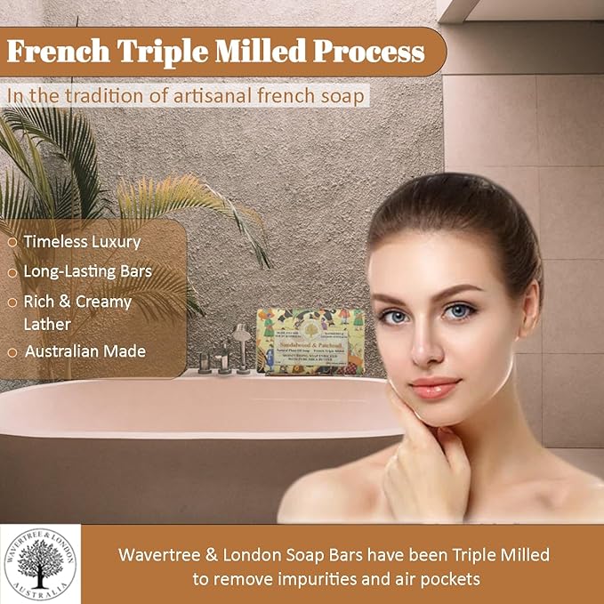 Wavertree & London Sandalwood & Patchouli Scented Natural Soap (2 Bars), 7oz Moisturizing French Triple Milled Soap Bars enriched with shea butter - Pure Plant Oil Bath & Body Bars for All Skin Types
