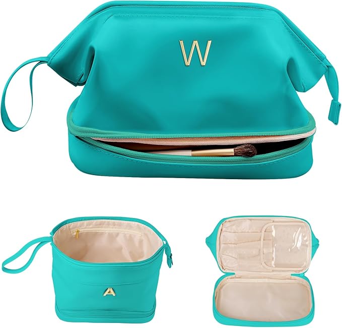 Wedding Party Gifts, Birthday Gift for Her, Makeup Bags, Waterproof Double Layer Cosmetic Bag, Large Capacity PU Leather Makeup Bags Letter Travel Toiletry Bag, Initial Gifts for Coworkers