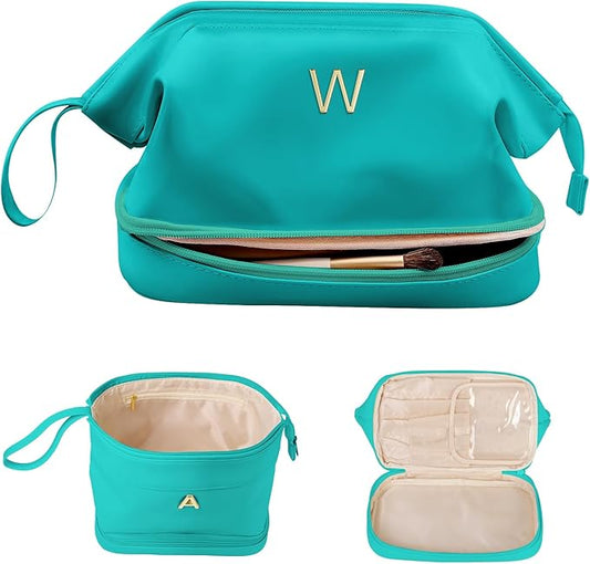 Wedding Party Gifts, Birthday Gift for Her, Makeup Bags, Waterproof Double Layer Cosmetic Bag, Large Capacity PU Leather Makeup Bags Letter Travel Toiletry Bag, Initial Gifts for Coworkers