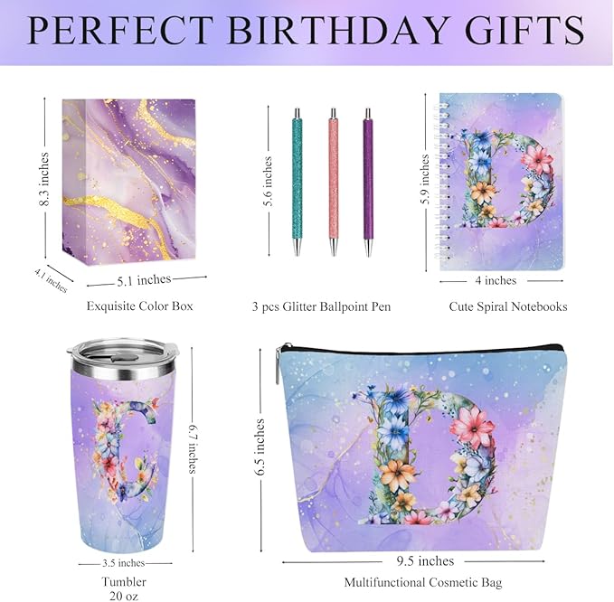 Personalized Gifts Monogrammed Birthday Gifts for Women, Boss Teacher Appreciation Christmas Initial 20 oz Tumbler, Makeup Bag Cup Ballpoint Pens Journal Notebook 6 Set, (Aesthetic Purple Flower D)