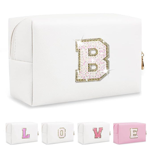 Small Initial Patch Makeup Bag Personalized Gifts Make Up Bag,White Cute PU Leather Glitter Letter Cosmetic Bag with Zipper,Trendy Portable Travel Toiletry Pouch,Preppy Stuff for Teen Girls Women B