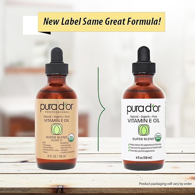 PURA D'OR 4 Oz Organic Vitamin E Oil – USDA Certified Face, Body, Hair & Bath Oil with Argan, Jojoba, Rosehip, Apricot, Almond & Avocado – Lightweight Moisturizing Blend for Soft, Smooth Skin