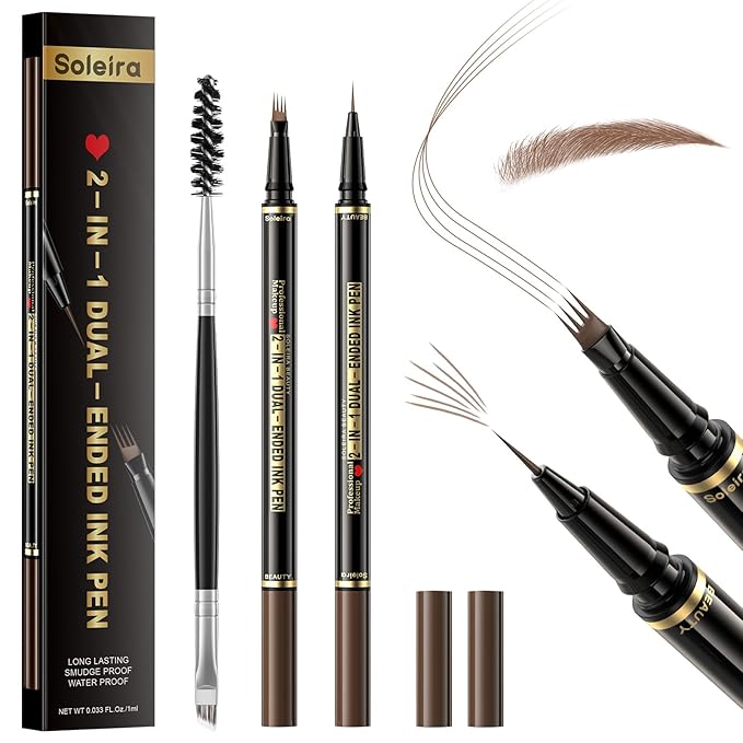 Eyebrow Pen, Soleira Waterproof Eyebrow Pencil with 4 Tip Microblading Eyebrow Pen and Dual-ended Eyebrow Brush, for Natural-Looking Brows, Long-Lasting, Soft Brown