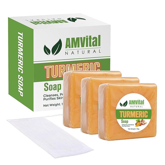 AMVital Turmeric Soap Bar for Face & Body – Handmade Natural Cleanser, Gentle Herbal Skincare for All Skin Types, Face Wash & Body Soap (Pack of 3)
