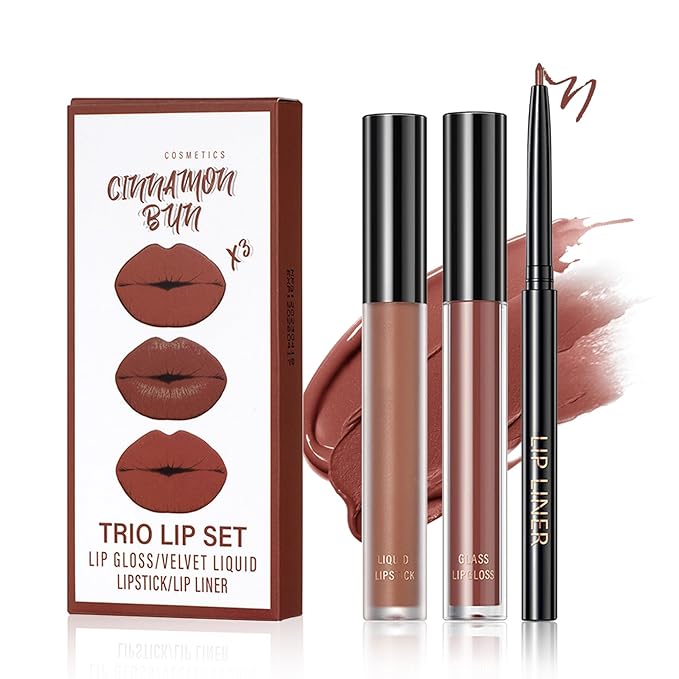 3 in 1 Lip Liner Pencil and Lipstick lipgloss Set Matte Lipstick Lip Gloss Kit Long-lasting Nonstick Cup Smudge Proof Lip Kits with Lip Liner,Moisturizing Lip Tint Lip Stain Makeup (03#Cinnamon Bun)
