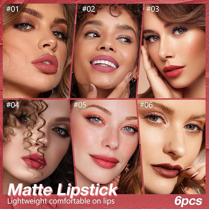 6Pcs Matte Lipstick Crayon Set for Women, Long Lasting Waterproof Velvet Lip Liner Pencil, High Pigment Creamy Lipstick, Longwear Non-Drying Lip Makeup Cruelty-free 24 Hours,01#+02#+03#+04#+05#06#