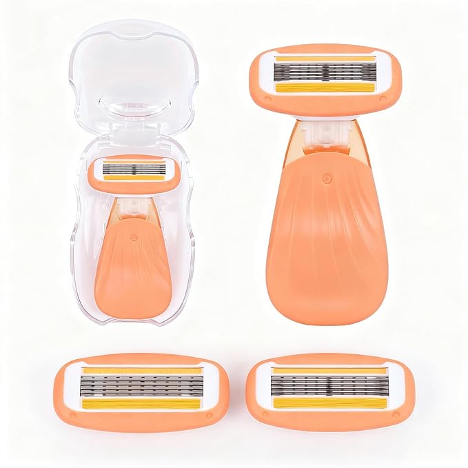 Mini Travel razor Kit for women with moisturizing bar - 1 Handle and 3 Cartridges - Extra Smooth 5-blade With Case for Close Shaving - Orange