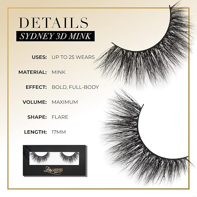 Lilly Lashes Sydney 3D Mink Lashes, Mink Eyelashes, The Original Lilly Lash For Wispy & Natural Look, Reusable Eyelashes up to 25x, Fluffy Lashes, Strip Lashes, Lash Glue not Included