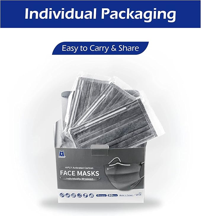 4-PLY BlueEagle Individually Wrapped Disposable Adult Face Masks | Fit for Large Face | with Activated Carbon Filter | Black Color - 50 Pcs (Charcoal Black)