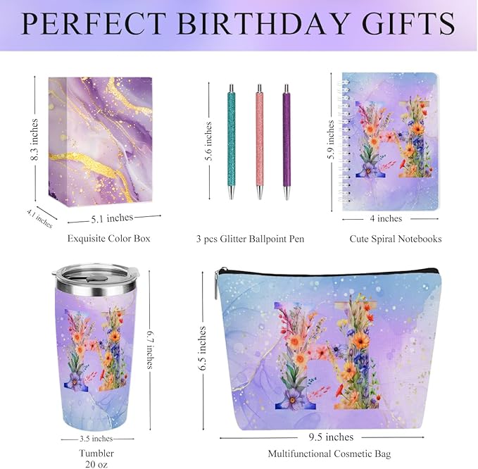 Personalized Gifts Monogrammed Birthday Gifts for Women, Bridesmaid Bachelorette Party Christmas Initial 20 oz Tumbler, Makeup Bag Cup Ballpoint Pens Journal Notebook 6 Set (Aesthetic Purple Flower H)