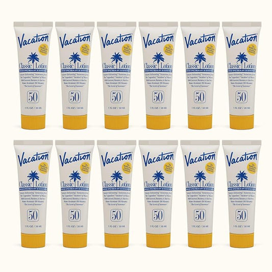 Vacation Mini Classic Lotion SPF 50, Water-Resistant, Mini Sunscreen Bulk Party Favor, Beach Must Haves, Traveling Essentials, Suntan Lotion Travel Size, 1 Fl. Oz. (Value Pack of 12)