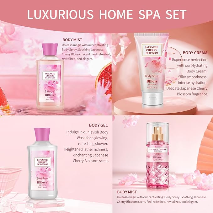 Bath and Body Gift Set for Women and Girls,Japanese Cherry Blossom,4PCS Set for-Shower Gel,Body Lotion,Body Mist,Exfoliating Scrub,Body Care Travel Set for Birthday Mother's Day Gifts