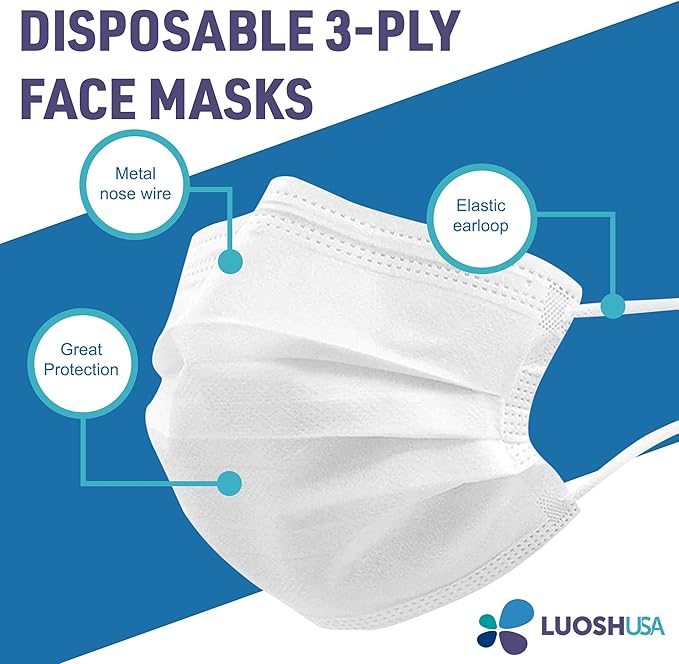 Luosh Face Masks Disposable Made in USA, 3 Ply Disposable Masks 50pcs,Adult Mask, Kids Mask, Black Masks, White Masks