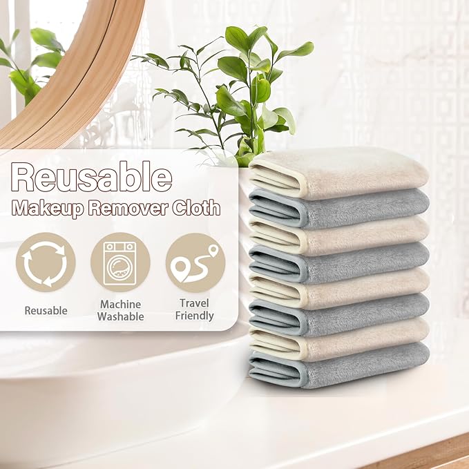 Nugilla Makeup Remover Cloths, 8 Packs Makeup Remover Towels Reusable Face Wash Cloth, Soft Makeup Remover Microfiber Face Cloth for Women(Neutrals)