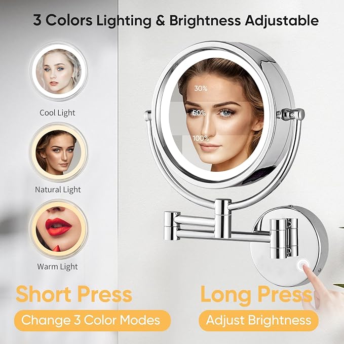 GURUN 8.5 Inch Magnifying Makeup Mirror with 3 Tones Dimmable LED Lights Double Sided Touch Control Rechargeable Vanity Mirror for Bathroom with 10X Magnification M1809DC-T (Chrome/10X)