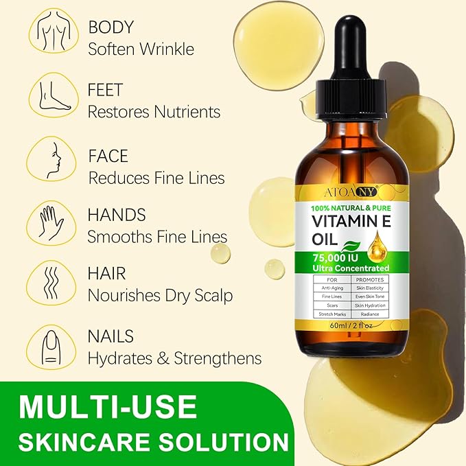 Vitamin E Oil, 75,000 IU Organic Pure Vitamin E Oil for Tightening Plump Skin, Reduce Fine Lines & Scars, Moisturizing Skin, Face & Full Body- 2Fl Oz