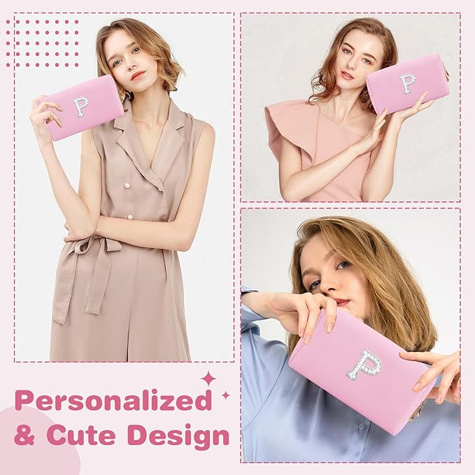ChaoGreat Bride Gifts – Personalized Initial Makeup Bag with Pearl Rhinestone Patch, Preppy Pink Monogram Cosmetic/Toiletry Pouch, bridesmaid Gifts, Bridal Shower Gifts, Wedding Gifts, Bridal Gifts,P