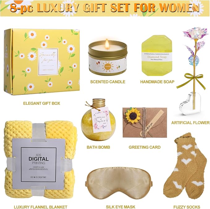 Birthday Gifts for Women Self Care Gifts Get Well Soon Gifts, Rose Relaxing Spa Gifts Basket Care Package, Luxury Flannel Blanket, Unique Mothers Day Idea Gifts for Mom Her Grandma Friend Sister Wife