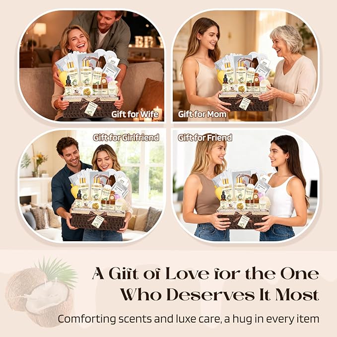 Bath and Body Gift Basket Set for Women - Coconut Vanilla Spa Gift Basket for Women 22pcs Luxury Bath Gift Set with Shower Gel Self Care Pampering Gifts for Mothers Day, Christmas, Birthday Gifts