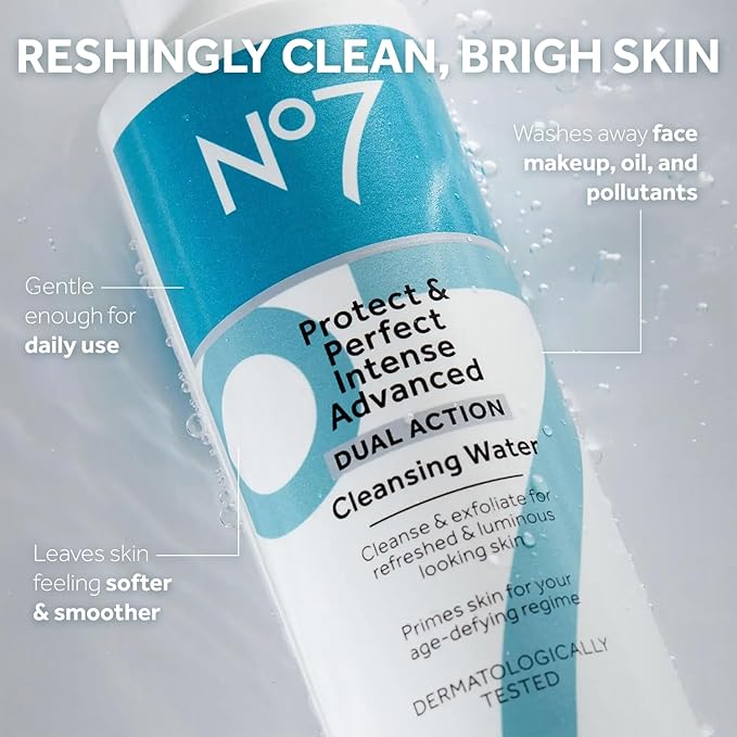 No7 Protect & Perfect Intense Advanced Cleansing Water - Dual Action Facial Cleanser + Makeup Remover - Cleansing Facial Water + Natural AHA Exfoliant for Smoother, Brighter Skin Hydration (6.7oz)