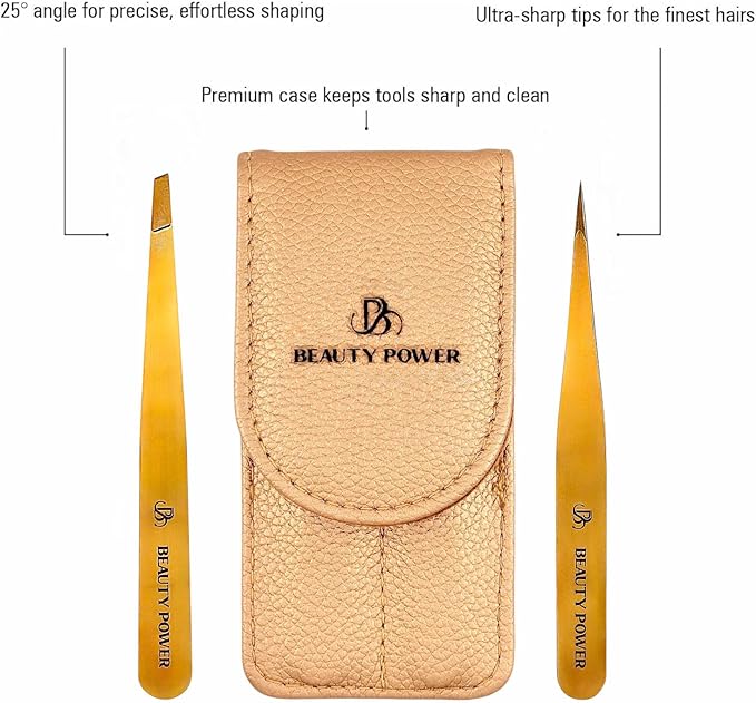 Professional Tweezers Set – Slant & Point, Ultra Precision German Stainless Steel Tweezers for Eyebrows, Chin, Ingrown Hair & Facial Grooming – Lightweight with Travel Case (Matte Gold)