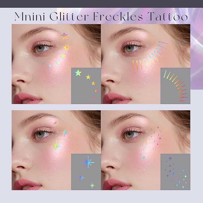 10pcs Holographic Multichrome Silver Glitter Freckles Face Tattoo Set, Color Shift Waterproof Sparkle Face Speckles Patches for Women, Cute Temporary Tattoo Rave Accessories for Fairy Makeup