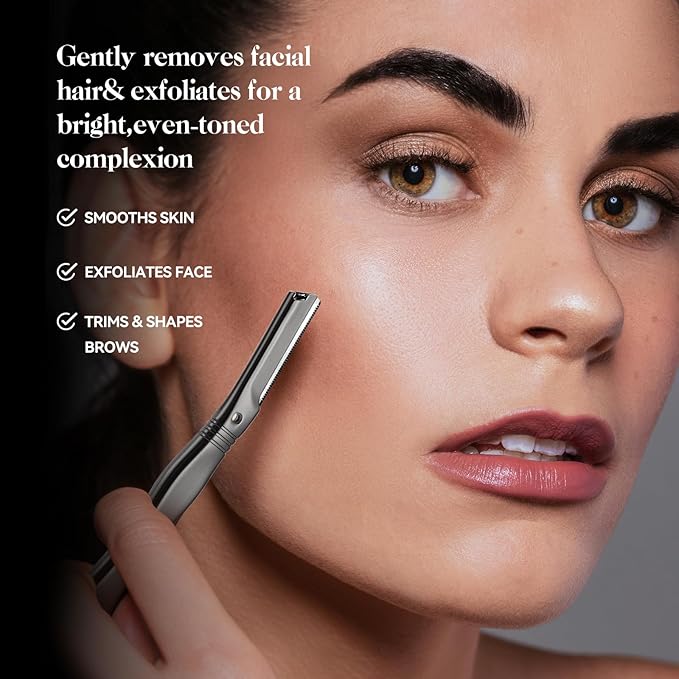 Eyebrow Razor for Women and Men, Face Razors for Women, Dermaplane Razor with Protective Silicone Cover, Reusable Metal Handle with 6 Refill Blades, Skin Care Tool - Matte Black
