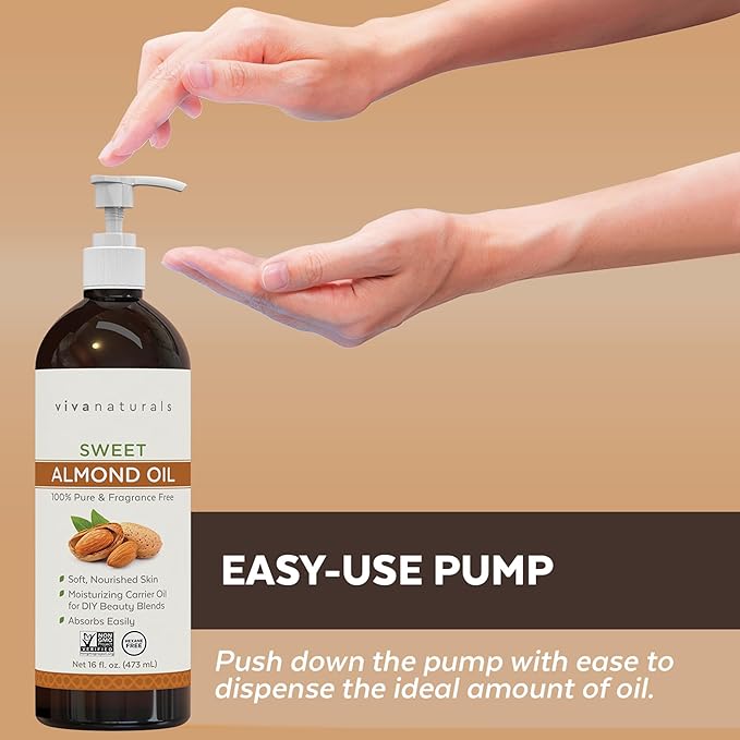 Viva Naturals Sweet Almond Oil, 16 fl. oz – Skin & Hair Moisturizer, Body & Massage Oil, Carrier Oil for Essential Oils, Non-Greasy & Pure