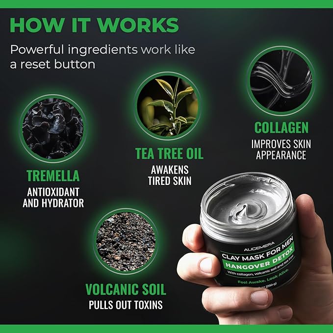 Hangover Detox Clay Mask for Men – Collagen Face Mask for Tired & Oily Skin – Recovery & Deep Pore Cleanser – 8.8 oz