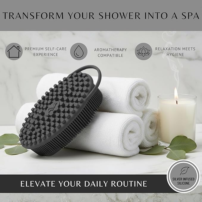 Silver Infused Silicone Body Scrubber Shower - Gentle Back Scrubber Soft Bristles - Avilana Premium Dual Sided Bath Brush Massage - Advanced Material Loofah Alternative - Gift Women Men