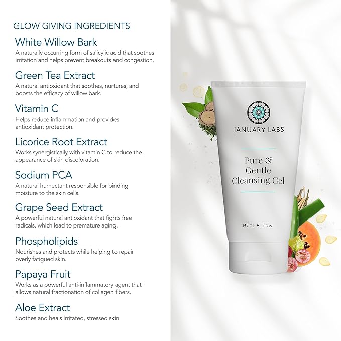 January Labs Pure & Gentle Face Cleanser Gel, Face Wash for All Skin Types, Dry Skin, Sensitive, Acne Prone Skin, Skin Care Essential, 5 Oz