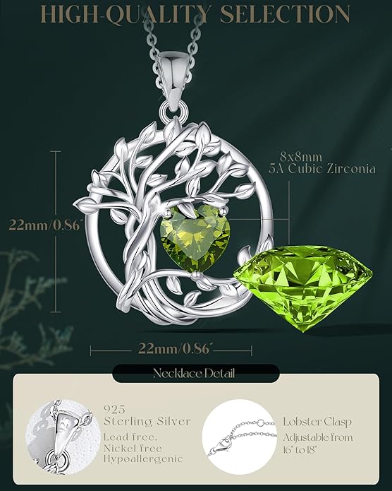 FANCIME Tree of life Birthstone necklace Sterling Silver Pendant Birthstone Necklace Gemstone Anniversary Birthday Jewelry Christmas Gifts for Mom Her Wife