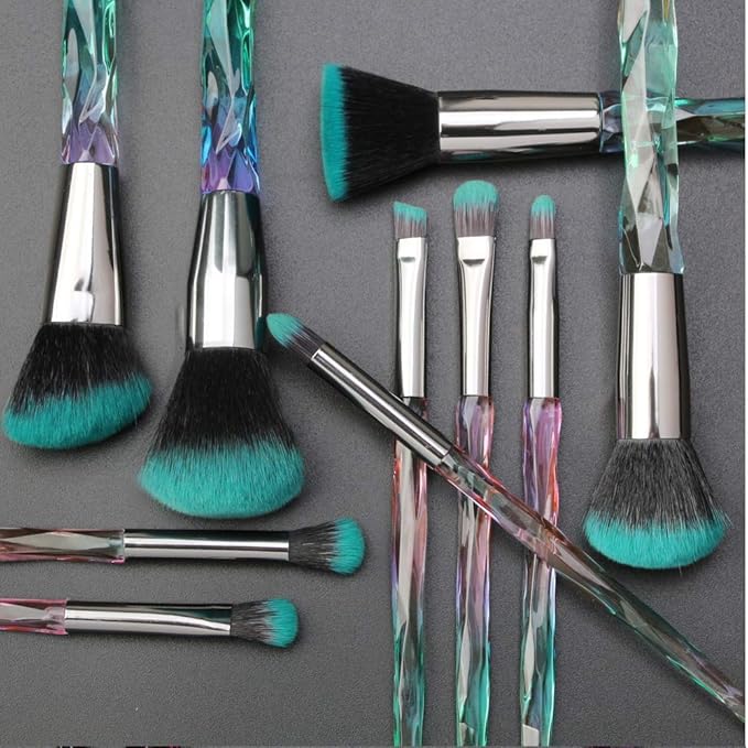 Makeup Brushes Crystal Handle Set, Tenmon 10 PCS Crystal Transparent Handle Kabuki Powder Foundation Brush Concealer Eye Shadow Eyeliner Eyebrow Brush (Green)