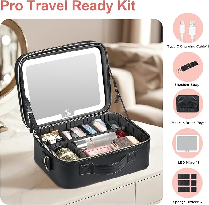 Makeup Case with LED Light Mirror, Professional Portable Travel Cosmetic Organizer Bah with Adjustable Dividers, USB Charging, Large Capacity, Ideal for Travel, Gift for Women Girls, Black