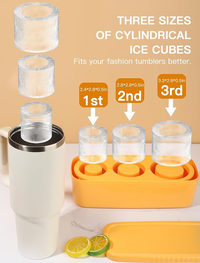 Ice Cube Tray for Tumbler Cup 30Oz-40Oz, 3 Pcs Silicone Cylinder Ice Mold with Lid and Bin for Freezer, Easy Fill and Release Ice Maker for Whiskey, Cocktail BPA-Free