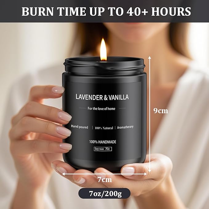 Lavender & Vanilla Candle 7oz, Scented Candles for Men, Long Lasting Soy Candles for Home Scented, Black Mens Candle Gift for Birthday, Annivery, Christmas