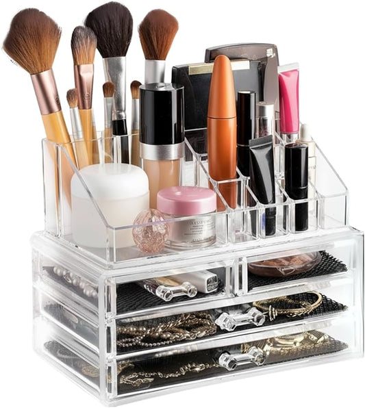 Masirs Clear Makeup Organizer - 16-Compartment Cosmetic and Jewelry Holder with 4 Drawers - Vanity Storage Box for Makeup, Skincare, Accessories, and Jewelry Display