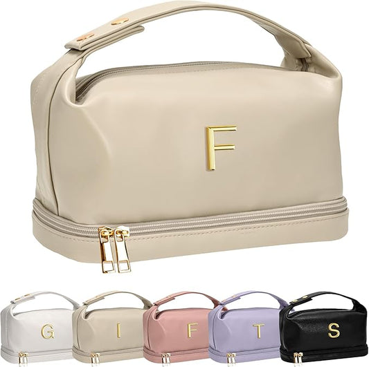 Personalized Makeup Bags， Personalized Bags with Handle, Waterproof Double Layer Cosmetic Bag, Large Capacity PU Leather Makeup Bags Letter Travel Toiletry Bag with Makeup Brush Organizer