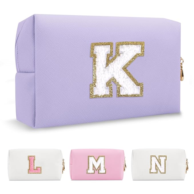 Personalized Makeup Bag Initial A-Z Preppy Patch Bag,Small PU Leather Travel Cosmetic Bag Pouch with Zipper,Purple Cute Toiletry Bag,Gift Ideal for Teen Girls Women Birthday Friend Mom,Latter K