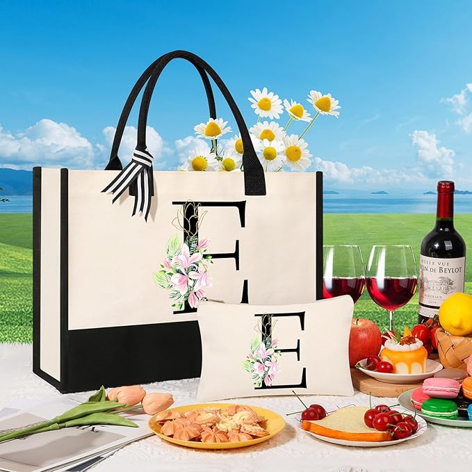 AYGE Personalized Initial Canvas Beach Tote, Monogrammed Gifts for Women, Makeup Bag, Birthday Gifts for Sister, Mom, Teacher, Bridesmaid