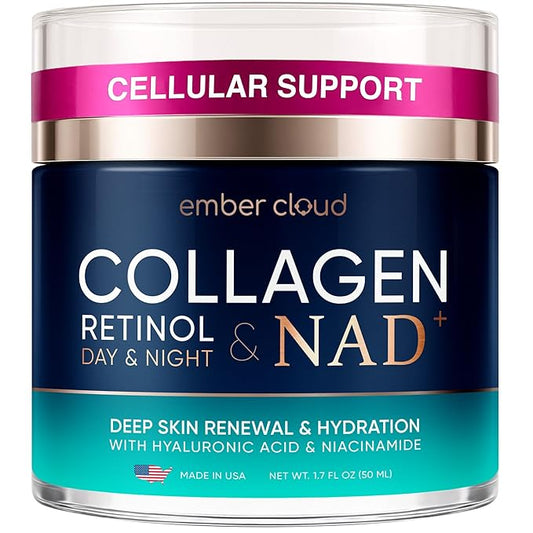 Collagen NAD+ Cream for Face Retinol Hyaluronic Acid Niacinamide for All Skin Types - Anti-Aging Face Moisturizer with Airless Pump - Day & Night Cream for Wrinkles - Made in USA 1.7 Oz