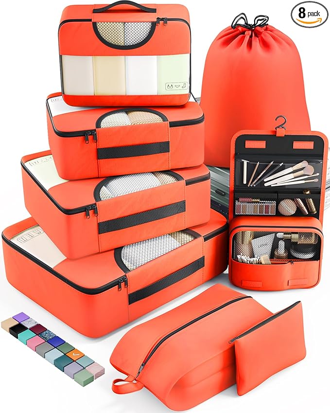 Veken 8 Set Packing Cubes for Travel Essentials, Suitcase Organizer Bags in 4 Sizes, Carry-On Luggage Accessories with Large Laundry & Hanging Toiletry Bag, Must-Have for Airplane, Road Trip & Camping